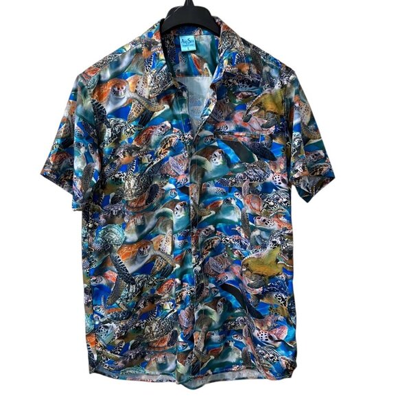 ArtSea Florida Keys Sea Turtle Print Hawaiian Button Up Shirt Size Large - Picture 1 of 6